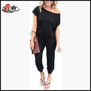 Off Shoulder Jumpsuit with Elastic Waist, 65% Polyester 30% Viscose 5% Elastane